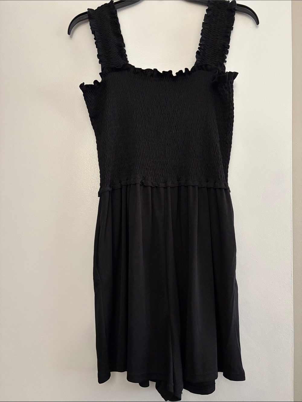 Black Smocked Romper with Ruffle Straps
